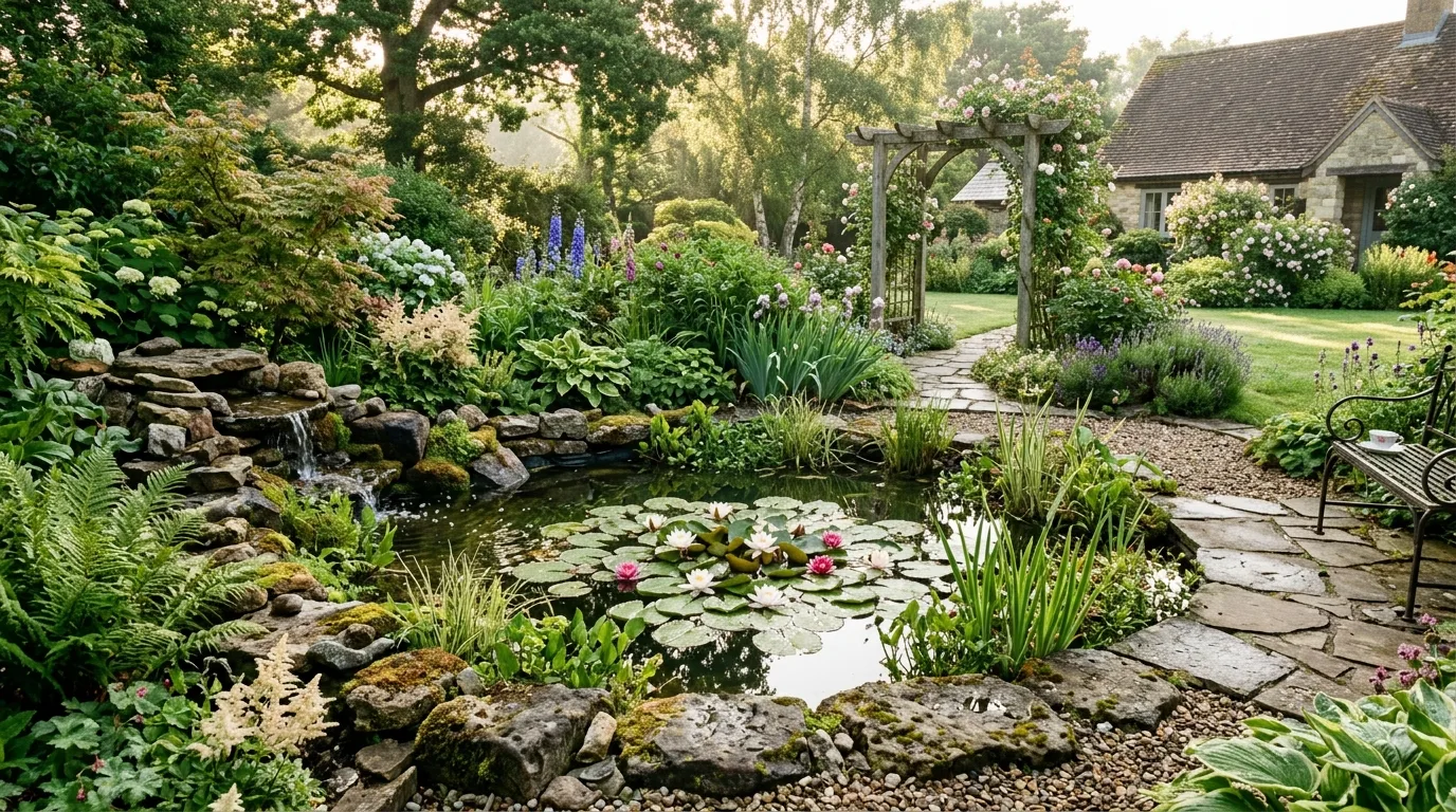 Backyard Garden With Small Pond